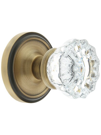 Classic Rosette Door Set With Fluted Crystal Glass Door Knobs Single Dummy in Antique Brass.